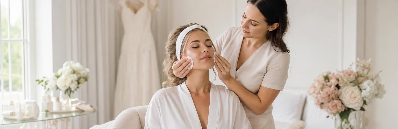 Bride receiving calm wedding-day skin prep before makeup.